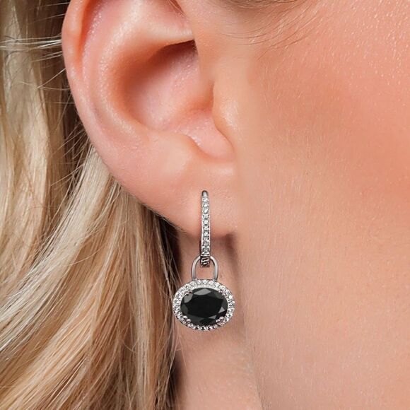 925 Sterling Silver with 5.92 Cttw Black Sapphire Oval French Lock Drop Earrings - Picture 2 of 5